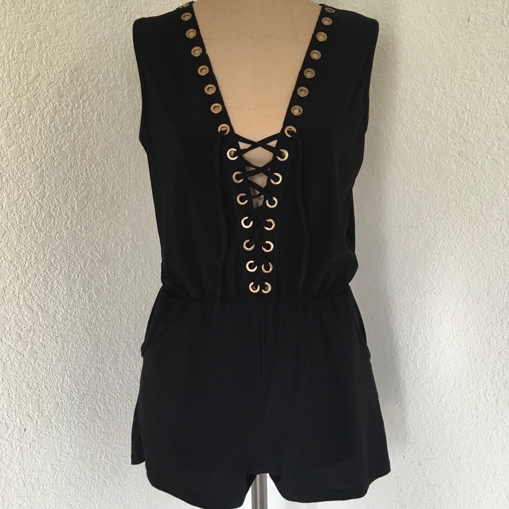 Gold Grommet Lace-Up Romper